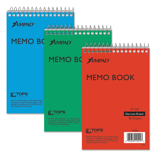 Ampad® Memo Pads, Narrow Rule, Assorted Cover Colors, 40 White 4 x 6 Sheets, 3/Pack (TOP45094)