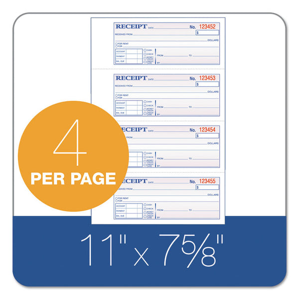 Adams® Receipt Book, Three-Part Carbonless, 7.19 x 2.75, 4 Forms/Sheet, 100 Forms Total (ABFTC1182)
