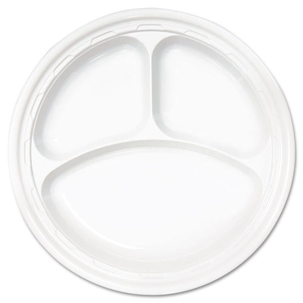 Dart® Famous Service Plastic Dinnerware, Plate, 3-Compartment, 10.25" dia, White, 125/Pack, 4 Packs/Carton (DCC10CPWF)
