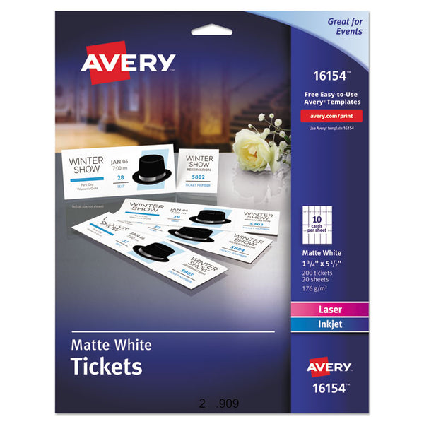 Avery® Printable Tickets w/Tear-Away Stubs, 97 Bright, 65 lb Cover Weight, 8.5 x 11, White, 10 Tickets/Sheet, 20 Sheets/Pack (AVE16154)