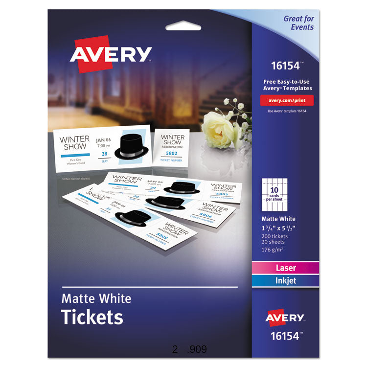 Avery® Printable Tickets w/Tear-Away Stubs, 97 Bright, 65 lb Cover Weight, 8.5 x 11, White, 10 Tickets/Sheet, 20 Sheets/Pack (AVE16154) Pack of 200