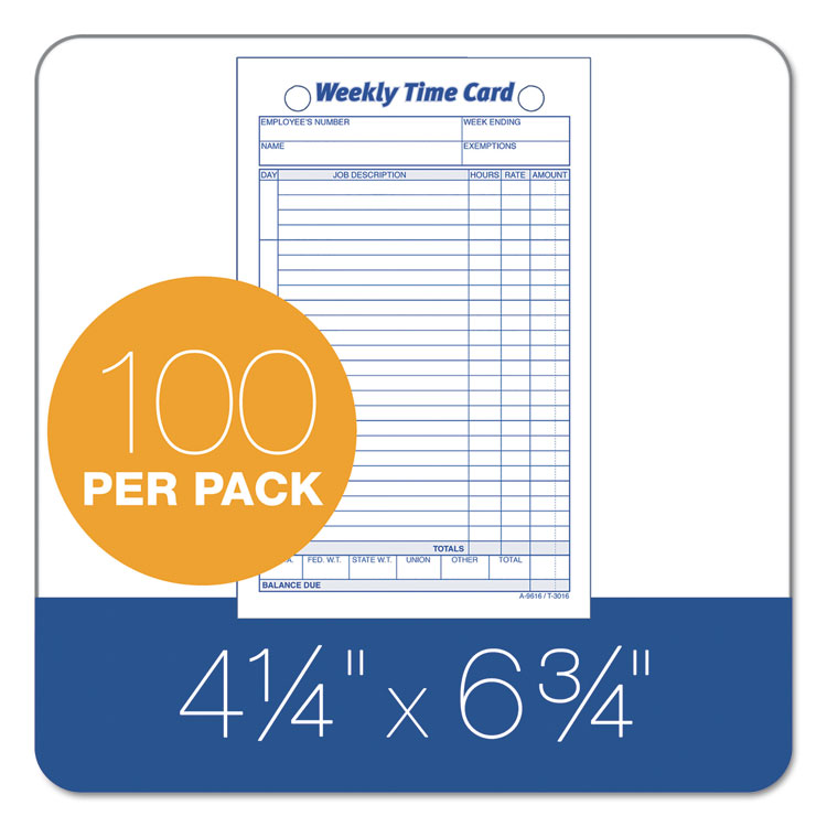 TOPS™ Weekly Employee Time Cards, One Side, 4.25 x 6.75, 100/Pack (TOP3016) Pack of 100