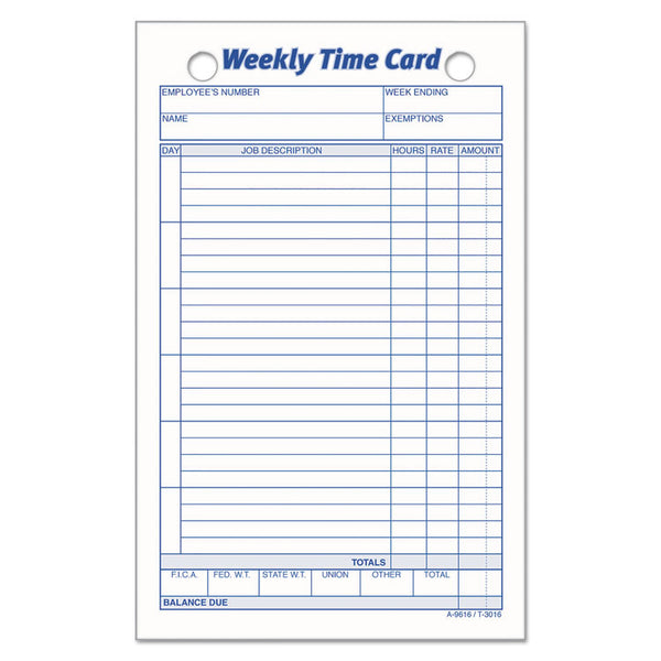TOPS™ Weekly Employee Time Cards, One Side, 4.25 x 6.75, 100/Pack (TOP3016) Pack of 100
