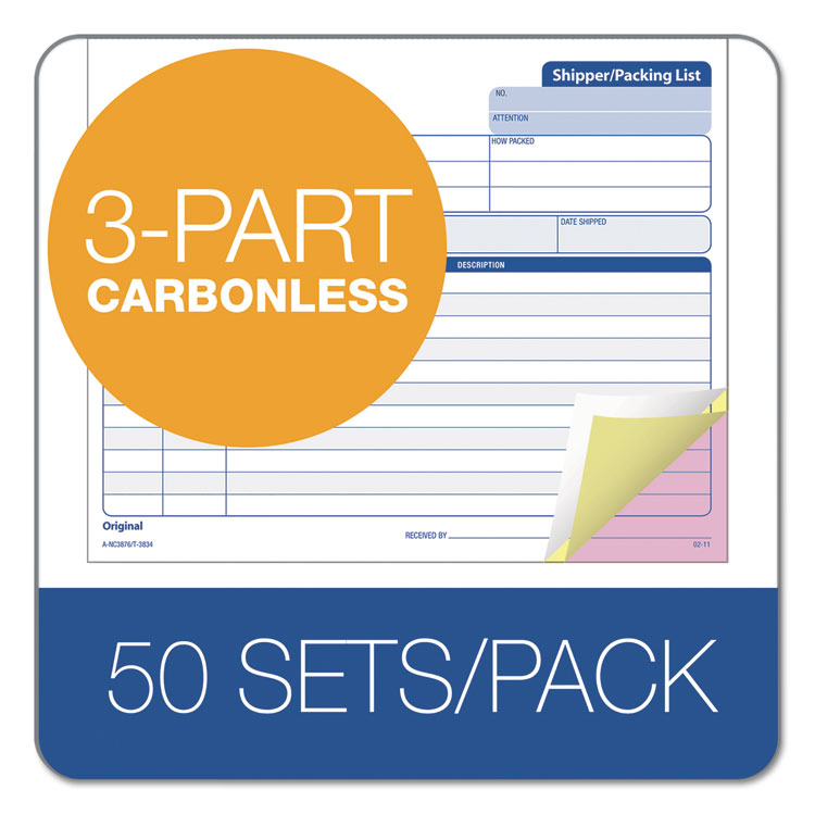TOPS™ Triplicate Snap-Off Shipper/Packing List, Three-Part Carbonless, 8.5 x 7, 50 Forms Total (TOP3834) Packof 50