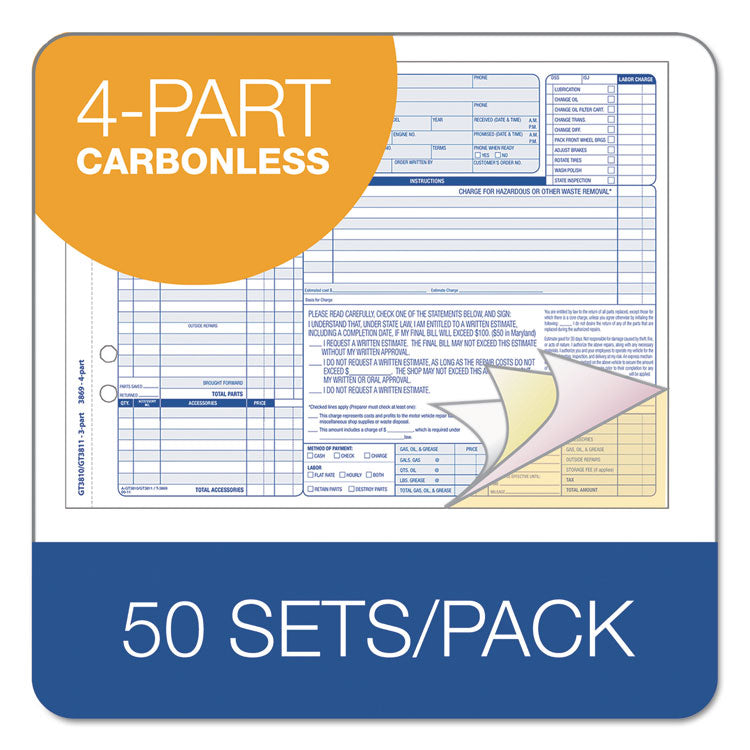 TOPS™ Auto Repair Four-Part Order Form, Four-Part Carbonless, 11 x 8.5, 50 Forms Total (TOP3869) Packof 50