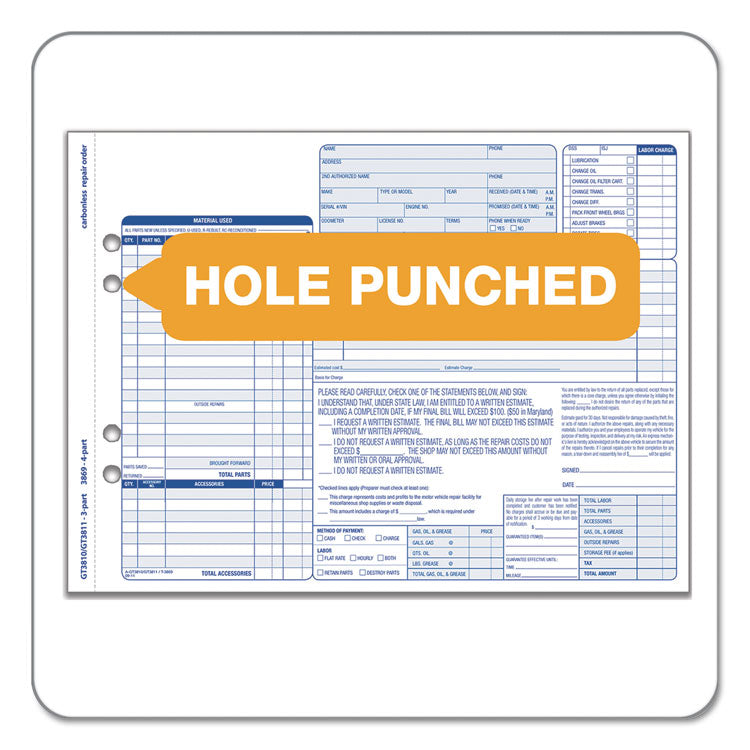 TOPS™ Auto Repair Four-Part Order Form, Four-Part Carbonless, 11 x 8.5, 50 Forms Total (TOP3869) Packof 50