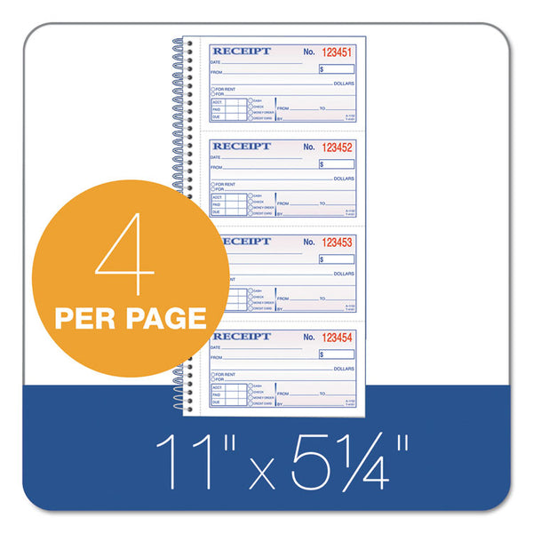 TOPS™ Spiralbound Money and Rent Receipt Book, Two-Part Carbonless, 4.75 x 2.75, 4 Forms/Sheet, 200 Forms Total (TOP4161) Each