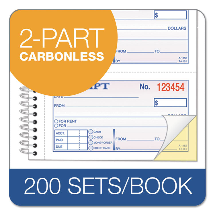 TOPS™ Spiralbound Money and Rent Receipt Book, Two-Part Carbonless, 4.75 x 2.75, 4 Forms/Sheet, 200 Forms Total (TOP4161) Each