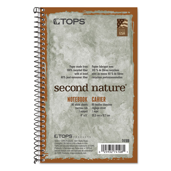 TOPS™ Second Nature Single Subject Wirebound Notebooks, Narrow Rule, Green Cover, (80) 8 x 5 Sheets (TOP74108) Each