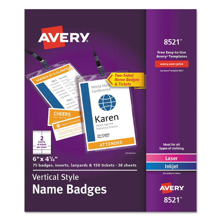 Avery® Lanyard-Style Badge Holder w/Laser/Inkjet Inserts, Top Load, 4.25 x 6, WE, 75/PK (AVE8521)