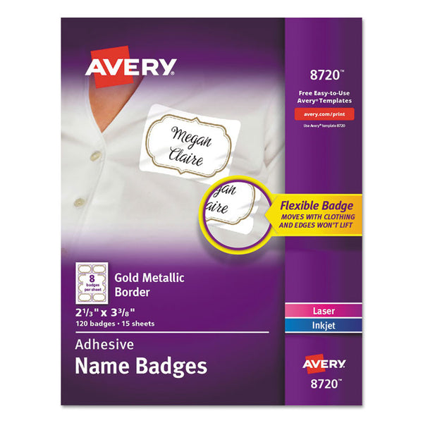 Avery® Flexible Adhesive Name Badge Labels, 3 3/8 x 2 1/3, White/Gold Border, 120/PK (AVE8720)