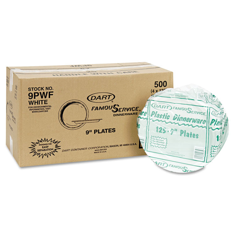 Dart® Famous Service Plastic Dinnerware, Plate, 9", White, 125/Pack, 4 Packs/Carton (DCC9PWF)