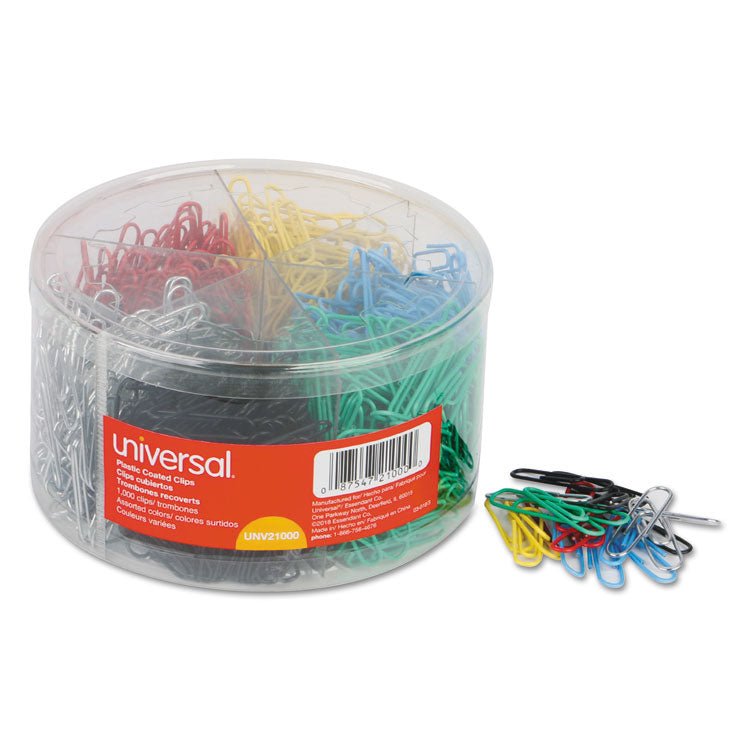 Universal® Plastic-Coated Paper Clips with Six-Compartment Organizer Tub, #3, Assorted Colors, 1,000/Pack (UNV21000) Pack of 1000