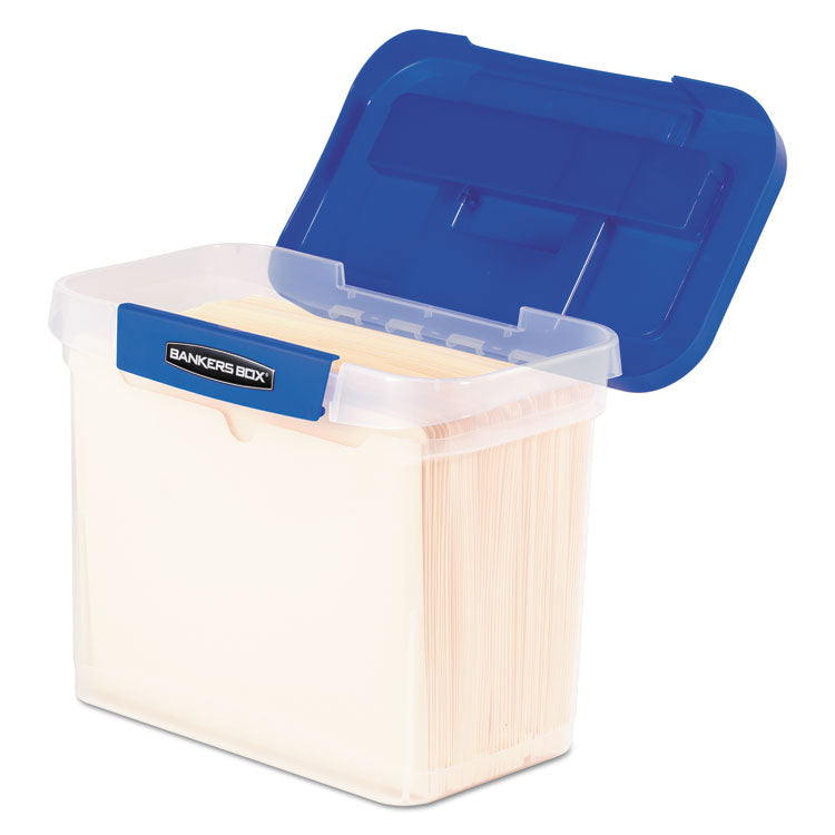 Bankers Box® Heavy-Duty Portable File Box, Letter Files, 14.25" x 8.63" x 11.06", Clear/Blue (FEL0086301) Each