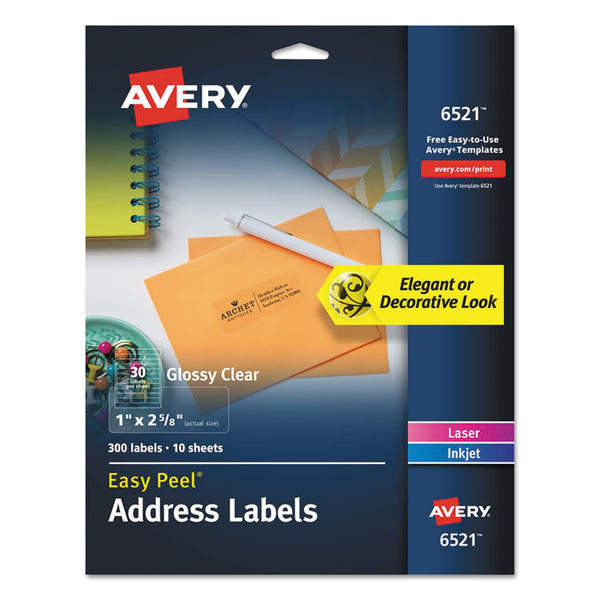 Avery® Glossy Clear Easy Peel Mailing Labels w/ Sure Feed Technology, Inkjet/Laser Printers, 1 x 2.63, 30/Sheet, 10 Sheets/Pack (AVE6521)