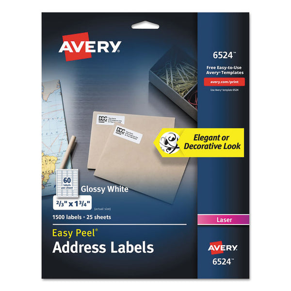 Avery® Glossy White Easy Peel Mailing Labels w/ Sure Feed Technology, Laser Printers, 0.66 x 1.75, White, 60/Sheet, 25 Sheets/Pack (AVE6524)