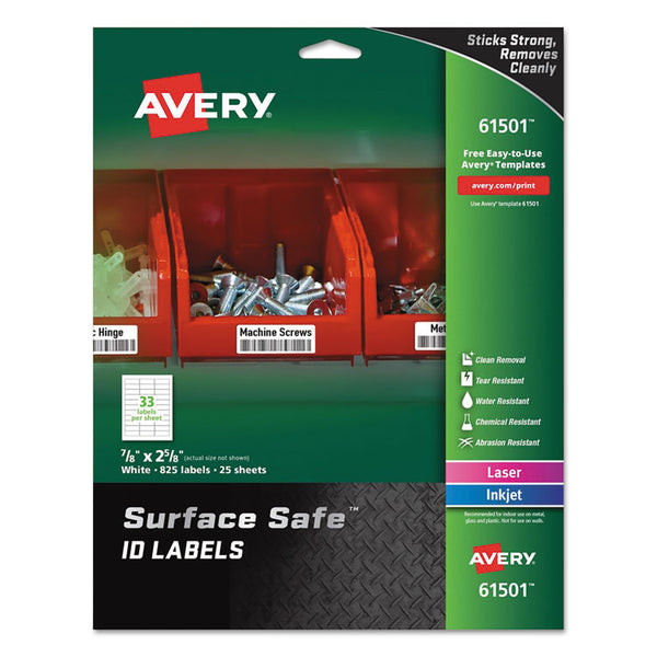 Avery® Surface Safe ID Labels, Inkjet/Laser Printers, 0.88 x 2.63, White, 33/Sheet, 25 Sheets/Pack (AVE61501)