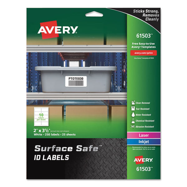 Avery® Surface Safe ID Labels, Inkjet/Laser Printers, 2 x 3.5, White, 10/Sheet, 25 Sheets/Pack (AVE61503)