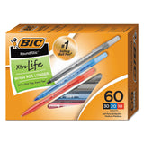 BIC® Round Stic Xtra Precision Ballpoint Pen Value Pack, Stick, Medium 1 mm, Assorted Ink and Barrel Colors, 60/Pack (BICGSM609AST) Pack of 60