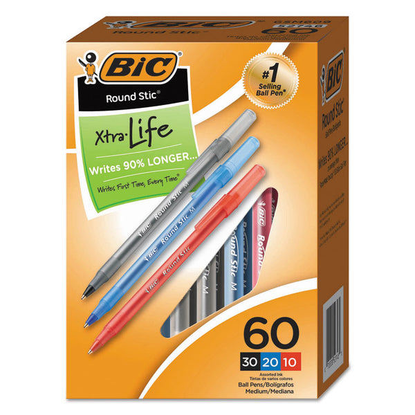 BIC® Round Stic Xtra Precision Ballpoint Pen Value Pack, Stick, Medium 1 mm, Assorted Ink and Barrel Colors, 60/Pack (BICGSM609AST)