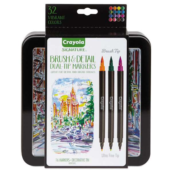 Crayola® Brush and Detail Dual Ended Markers, Extra-Fine Brush/Bullet Tips, Assorted Colors, 16/Set (CYO586501)