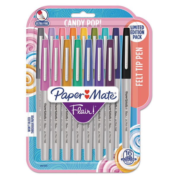 Paper Mate® Flair Felt Tip Porous Point Pen, Stick, Extra-Fine 0.4 mm, Assorted Ink Colors, Gray Barrel, 16/Pack (PAP2027233)