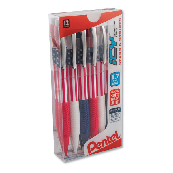 Pentel® Icy Mechanical Pencil, 0.7 mm, HB (#2), Black Lead, Blue/Red/White Barrel, Dozen (PENAL27USAPC12M)