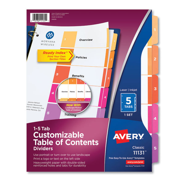 Avery® Customizable TOC Ready Index Multicolor Tab Dividers, 5-Tab, 1 to 5, 11 x 8.5, White, Traditional Color Tabs, 1 Set (AVE11131)