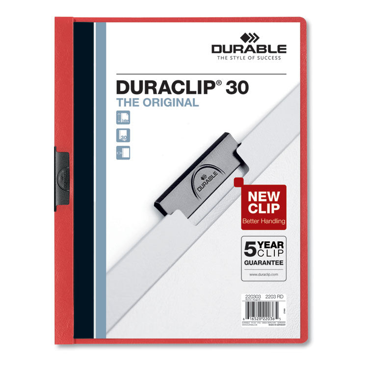 Durable® DuraClip Report Cover, Clip Fastener, 8.5 x 11 , Clear/Red, 25/Box (DBL220303) Box of 25
