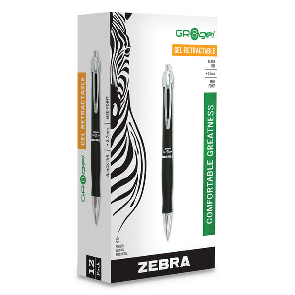 Zebra® GR8 Gel Pen, Retractable, Medium 0.7 mm, Black Ink, Black/Silver Barrel, 12/Pack (ZEB42610)