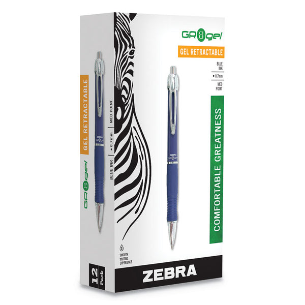 Zebra® GR8 Gel Pen, Retractable, Medium 0.7 mm, Blue Ink, Blue/Silver Barrel, 12/Pack (ZEB42620)