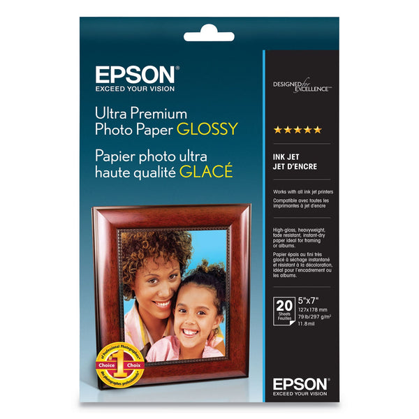 Epson® Ultra Premium Photo Paper Glossy, 11.8 mil, 5 x 7, Glossy White, 20/Pack (EPSS041945)