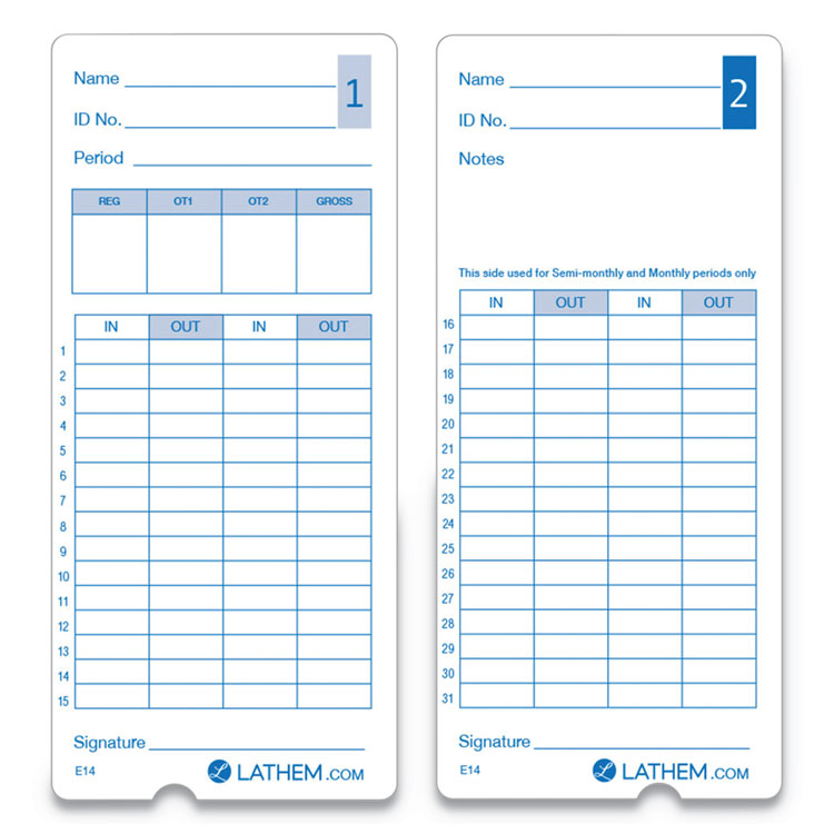 Lathem® Time Time Clock Cards for Lathem Time 400E, Two Sides, 3 x 7, 100/Pack (LTHE14100) Pack of 100