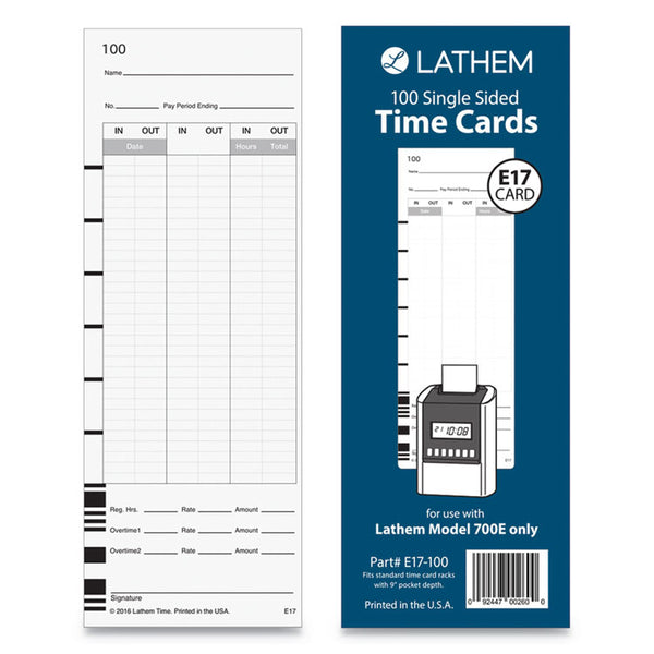 Lathem® Time Time Clock Cards for Lathem Time 700E, One Side, 3.5 x 9, 100/Pack (LTHE17100) Pack of 100