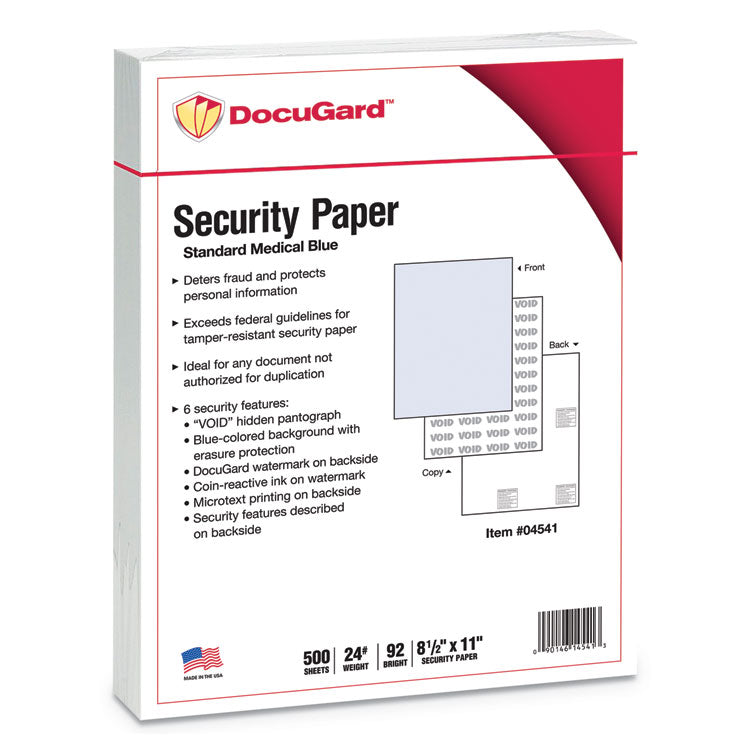 DocuGard™ Medical Security Papers, 24 lb Bond Weight, 8.5 x 11, Blue, 500/Ream (PRB04541) Each