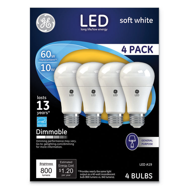 GE LED Soft White A19 Dimmable Light Bulb, 10 W, 4/Pack (GEL67615)