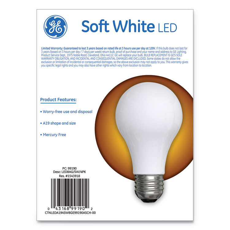 GE Classic LED Soft White Non-Dim A19 Light Bulb, 8 W, 4/Pack (GEL99190)