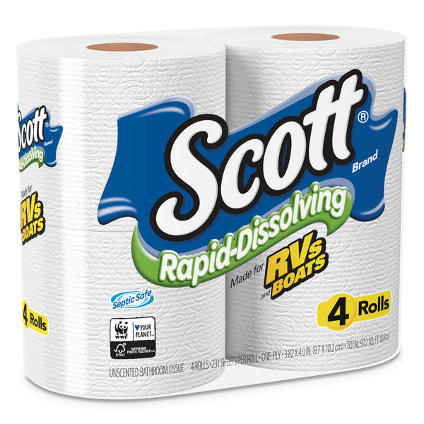 Scott® Rapid-Dissolving Toilet Paper, Bath Tissue, Septic Safe, 1-Ply, White, 231 Sheets/Roll, 4/Rolls/Pack, 12 Packs/Carton (KCM47617) Case of 48