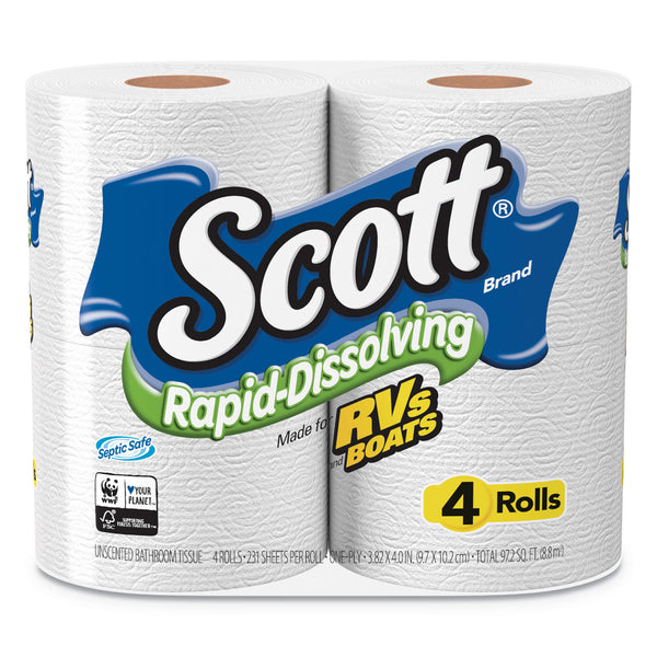 Scott® Rapid-Dissolving Toilet Paper, Bath Tissue, Septic Safe, 1-Ply, White, 231 Sheets/Roll, 4/Rolls/Pack, 12 Packs/Carton (KCM47617) Case of 48