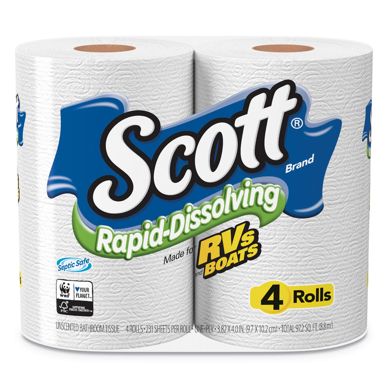 Scott® Rapid-Dissolving Toilet Paper, Bath Tissue, Septic Safe, 1-Ply, White, 231 Sheets/Roll, 4/Rolls/Pack, 12 Packs/Carton (KCM47617) Case of 48