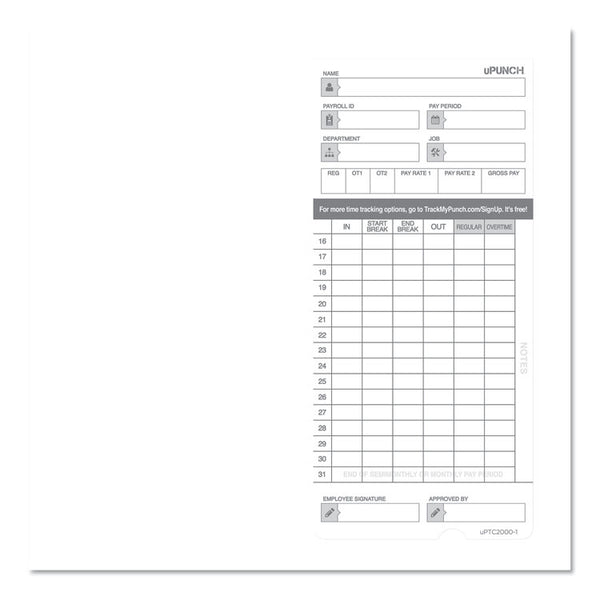 uPunch™ Time Clock Cards for uPunch HN2000/HN4000/HN4600, Two Sides, 7.5 x 3.5, 100/Pack (PPZHNTCL2100)