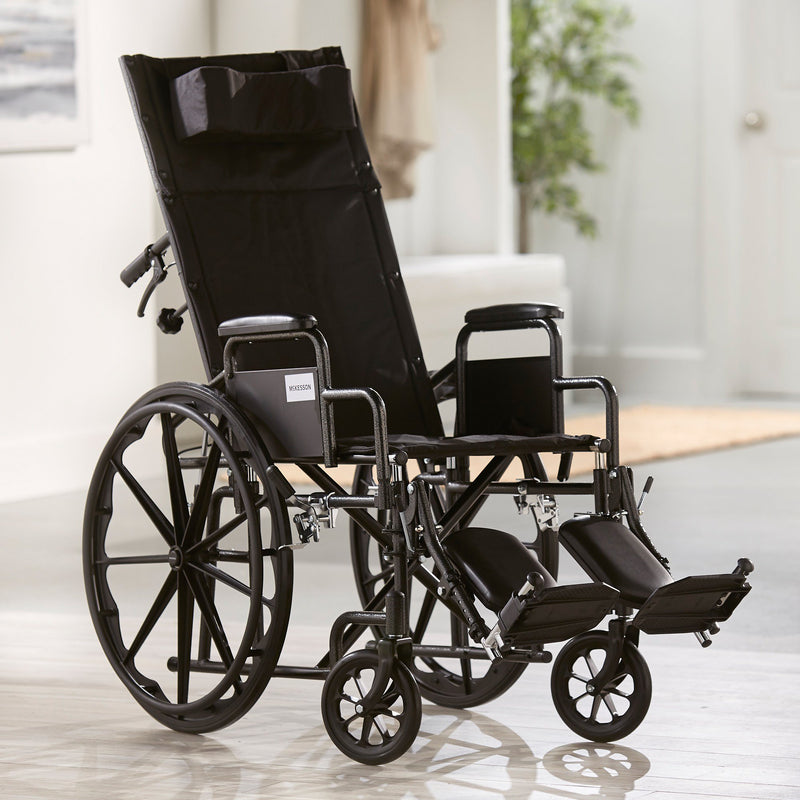 McKesson Reclining Wheelchair Desk Length Arm Swing-Away Elevating Legrest Black Upholstery 18 Inch Seat Width Adult 300 lbs. Weight Capacity (1065290_EA) 1/EA