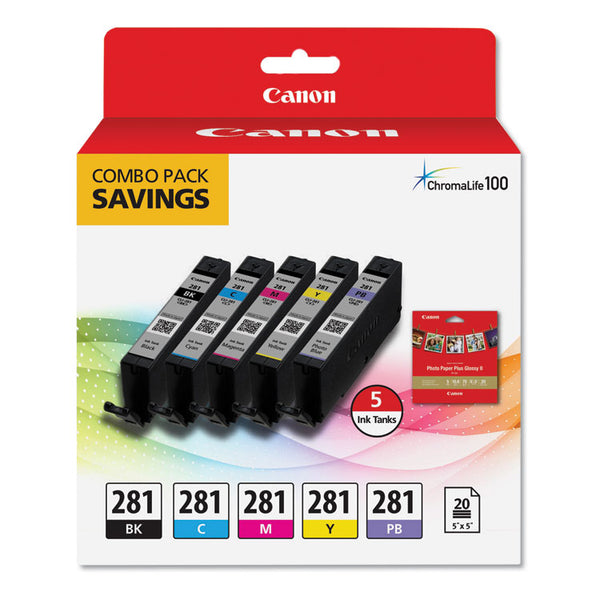 Canon® 2091C006 (CLI-281) ChromaLife100 Ink/Paper Combo, Black/Blue/Cyan/Magenta/Yellow (CNM2091C006)