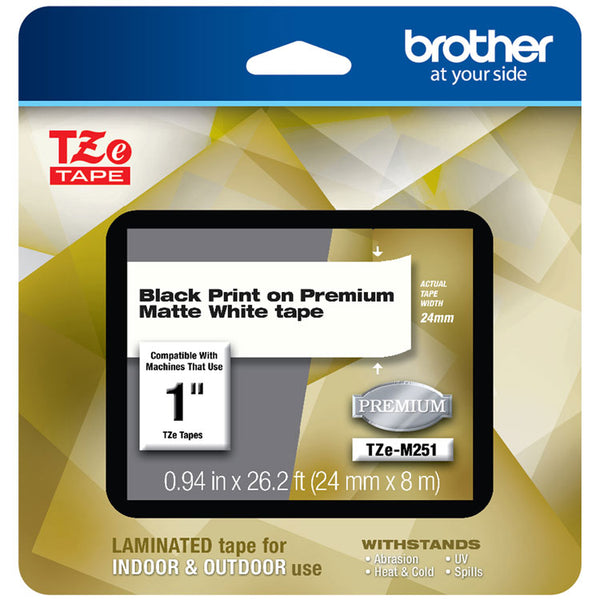 Brother TZe Premium Laminated Tape, 0.94" x 26.2 ft, Black on White (BRTTZEM251)