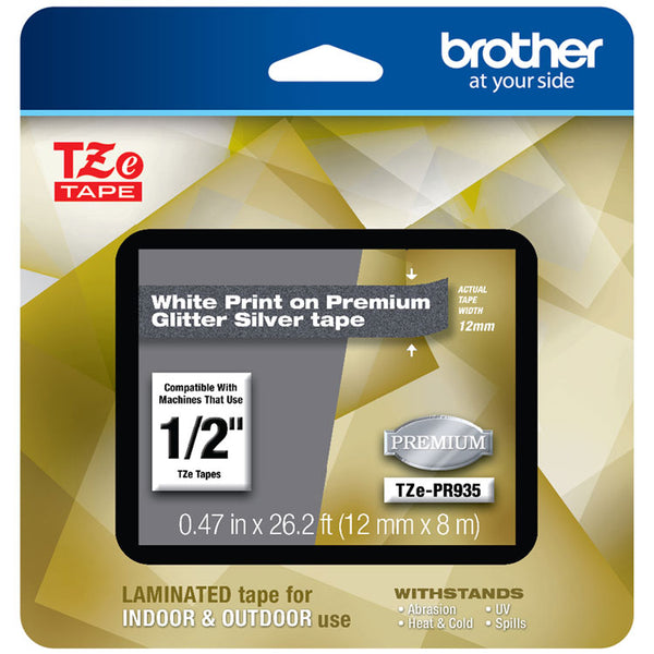 Brother TZe Premium Laminated Tape, 0.47" x 26.2 ft, White on Silver (BRTTZEPR935)