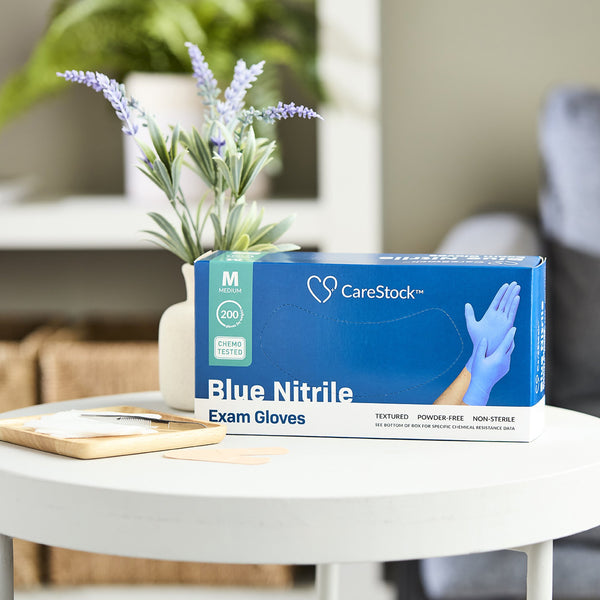 CareStock™ Exam Glove Medium NonSterile Nitrile Standard Cuff Length Textured Fingertips Blue Chemo Tested (1230897_BX) 200/BX