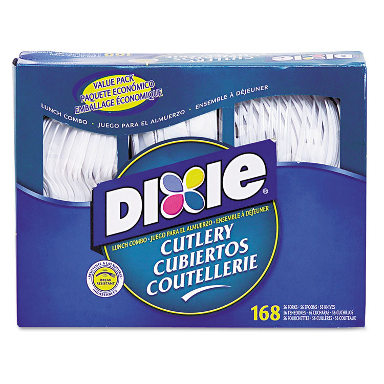 Dixie® Combo Pack, Tray with White Plastic Utensils, 56 Forks, 56 Knives, 56 Spoons, 6 Packs (DXECM168CT)