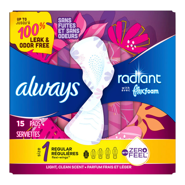Always® Radiant with FlexFoam Feminine Pad With Wings Regular Absorbency (1231750_BX) 15/BX