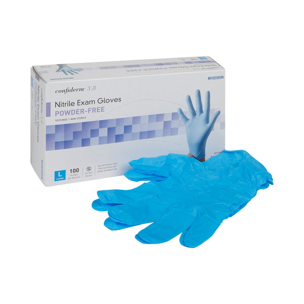 McKesson Confiderm® 3.8 Exam Glove Large NonSterile Nitrile Standard Cuff Length Textured Fingertips Blue Not Rated (921613_BX) 100/BX
