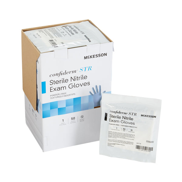 McKesson Confiderm® STR Exam Glove X-Large Sterile Pair Nitrile Standard Cuff Length Textured Fingertips Blue Not Rated (1065408_CS) 200/CS